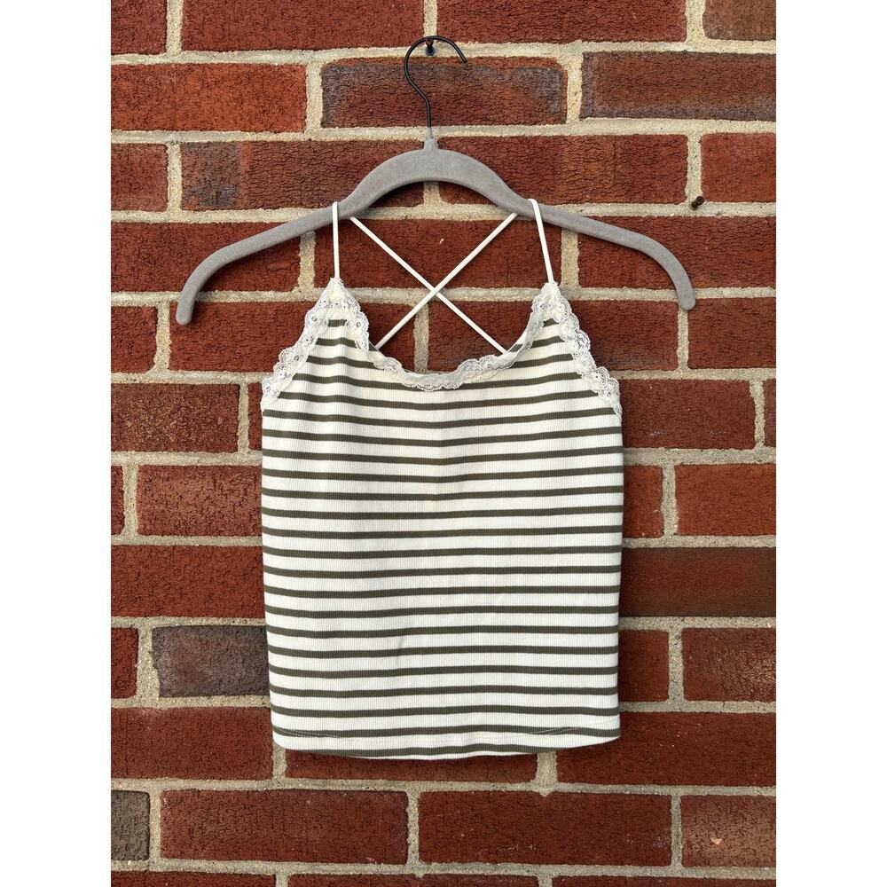 American Eagle Lace Trim Striped Cami Tank Top XS Olive Ivory Y2K Cottagecore - Picture 3 of 9